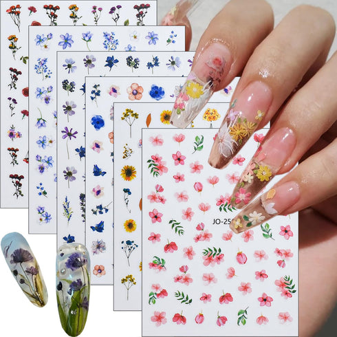 Colorful Flower Nail Stickers for Nail Art 6Sheets Ice-clear Dried Flowers Nail Art Supplies Cherry Blossoms Sunflower Nail Decals Daisy Nail Art ...