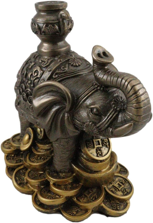 Ebros Small Feng Shui Auspicious Elephant Carrying Wealth Pot With Trunk Up Standing On Golden Coins Ingots And Nuggets Statue 4.25"Long Home Deco...