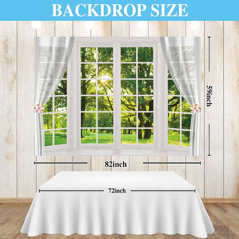 Allenjoy 7x5ft Spring Window Scenery Photography Backdrop White Windowsill Floral Green Forest Natural Photocall Background Party Banner Wall Deco...