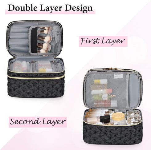 IGOLUMON Travel Makeup Bag Double Layer Make Up Bag Portable Large Cosmetic Bag Wide-open Toiletry Bag for Women Roomy Cosmetic Case Pouch Multifu...