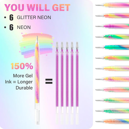 12 Pack Mixing of 3 Colors Magic Glitter Neon Gel Pens,Rainbow gel Pens for Adult Coloring Books,Doodling Crafts Scrapbooking Drawing Sketching Jo...