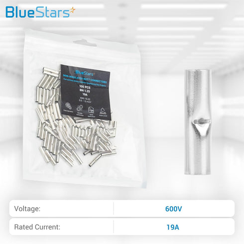 BlueStars 100 PCS Non-Insulated Butt Connectors, Butt Splice Connectors for 16-22 AWG - Marine Grade Pure Copper Tin Coated Crimp Terminals for El...