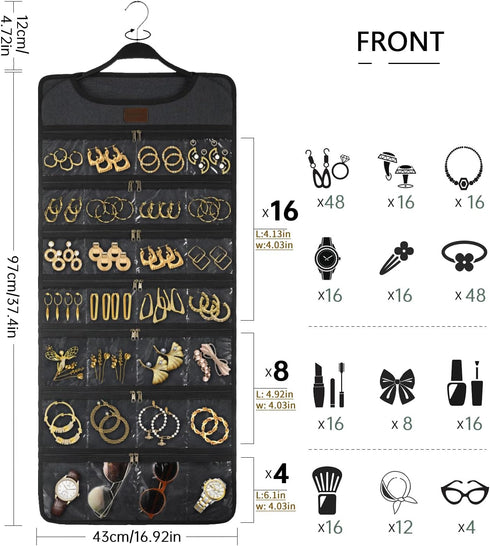 SMRITI Hanging Jewelry Organizer with Dual Zippered Pockets Canvas Double Sided Rotating Hanger Necklace Hanging Wall Organizer Earring Dustproof ...