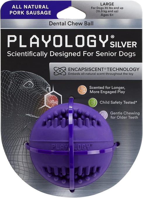 Playology Silver - Dental Chew Ball Dog Toy, Large - Designed for Senior Dogs (35lbs and Up) - Engaging All-Natural Pork Sausage Scent - Non-Toxic...