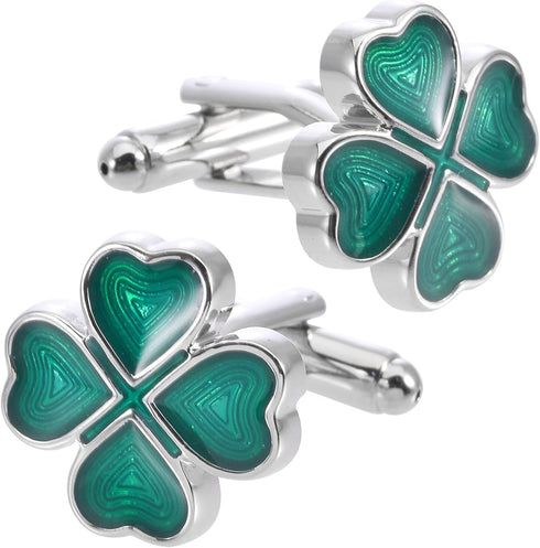 Green Four Leaf Clover Cufflinks for Men Lady In Gift Case Silver Good Luck Men's Cufflinks Jewelry Set for Wedding Party Anniversary Business Eve...