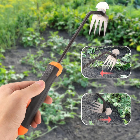 Weeding Artifact Uprooting Weeding Tool, 4 Teeth Hand Weeder Tool Stand Up Dual Purpose Rake with Rubber Handle Pulling Stainless Steel Multifunct...