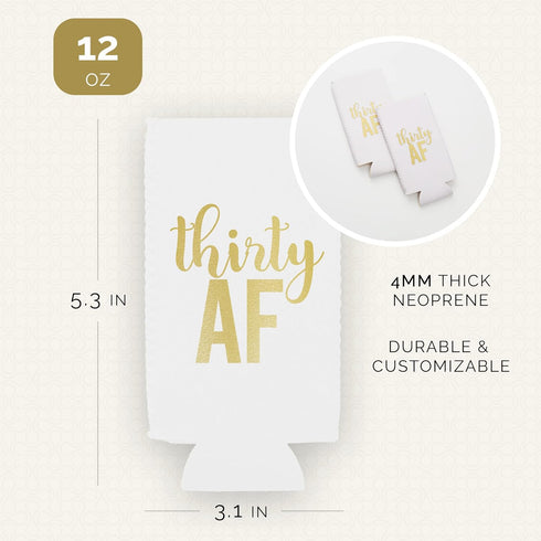 Thirty AF Can Coolers, 30th Birthday Party Coolies, Set of 12, White and Gold Dirty 30 Birthday Decoration for Her, Perfect Dirty Thirty Decoratio...