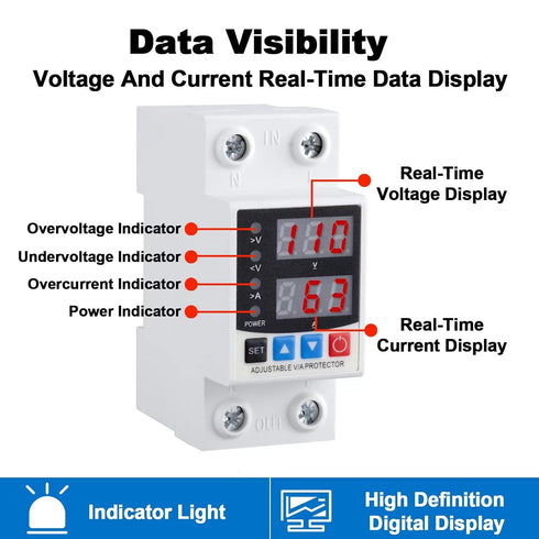 Smart Circuit Breaker with Energy Monitoring - Adjustable 1-63 Amp AC110V DC85-300V Over/Under Voltage & Overcurrent Protection Intelligent Relay ...