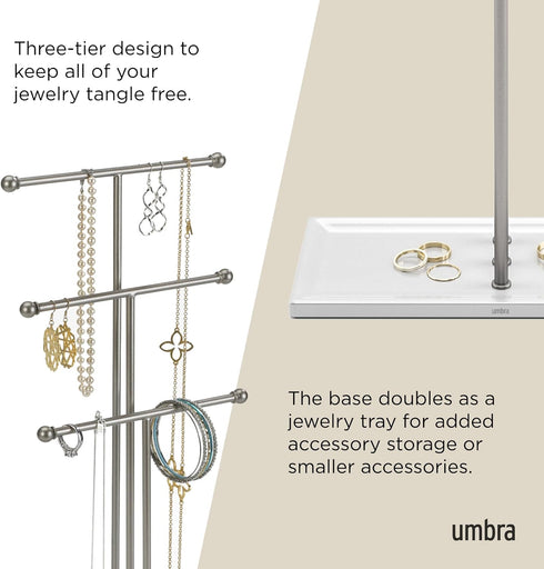 Umbra Trigem Hanging Jewelry Organizer Tiered Tabletop Free Standing Necklace Holder Display, White/Nickel...