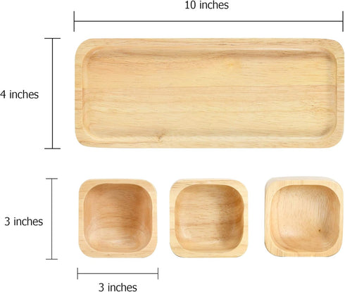 AeraVida Functional Kitchen Décor Snack Plate with Three Square Bowl Natural Brown Rubber Tree Wood Set | Wooden Square Bowls for Eating | Wooden ...