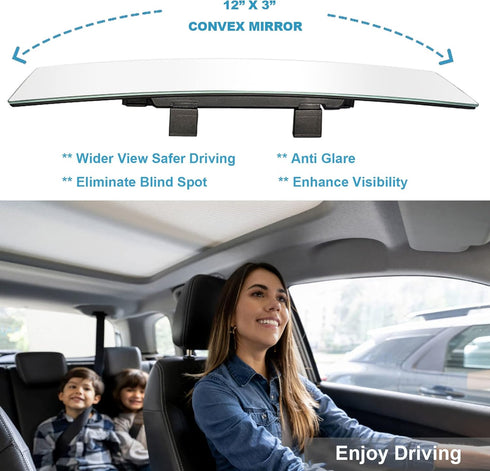 Kitbest Panoramic Rearview Mirror, 12 Inch Universal Clip On, Wide Angle, Frameless Extended, Car Mirror Clear Tint Convex for Cars, SUV, Trucks...