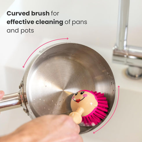 Vigar Dolls April Dish Brush with Ergonomic Handle and Dres-shaped Storage Holder - Scrub Brush for Pans, Pots, Kitchen Sink Cleaning, White, Pink...