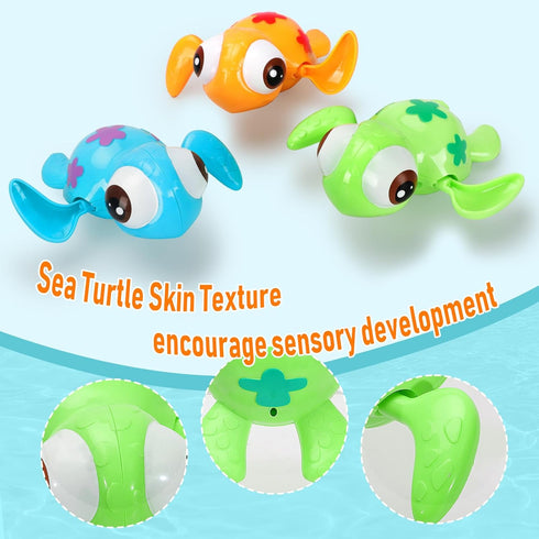 Bath Toys Set for Toddlers 1-3 Kids 4-8, 3Pcs Wind Up Swimming Turtle Water Toys with 1Pcs Shark Fishing Net, Floating Wind Up Turtle Bathtub Toys...