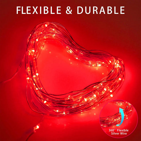 YAOZHOU Red Solar Christmas String Lights Outdoor Waterproof Decorations 100 LED?2 Pack? 8 Modes Copper String Lights Fairy Lights for Valentine's...