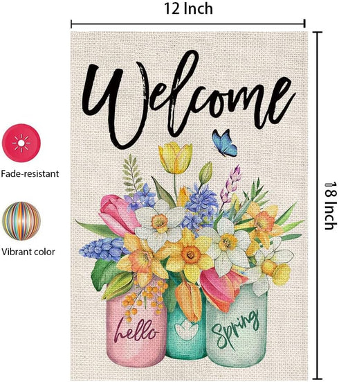 CROWNED BEAUTY Spring Garden Flag Floral Mason Jar 12×18 Inch Double Sided for Outside Small Burlap Welcome Yard Flag...
