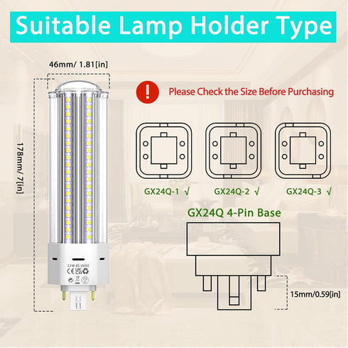 GX24QG24Q LED 4-Pin Base Light Bulb 22W (42W CFLCompact Fluorescent Lamp Equivalent) GX24 LED PL-C Recessed Lamp, RemoveBypass The Ballast, 6000K,...