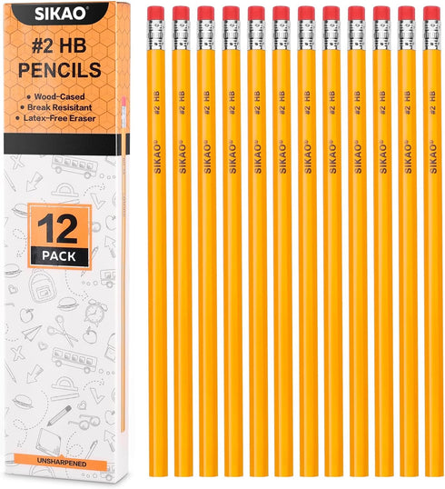 Pencils 12Pack Pencils #2, Number 2 Pencils Bulk, Wood Pencils for Kids Sketching Drawing, Yellow HB No 2 Pencils with Erasers, Classroom Must Hav...