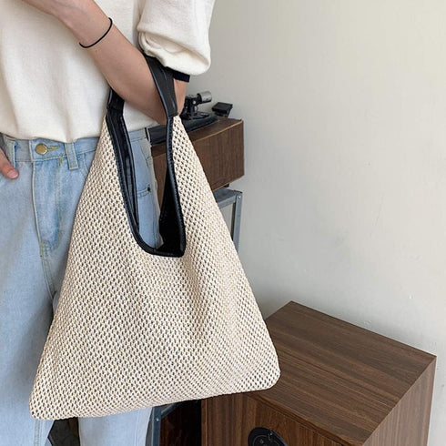 Hand-woven Straw Shoulder Bag Boho Black Leather Top Handle Tote Retro Summer Beach Bag Holiday Travel Handbag...