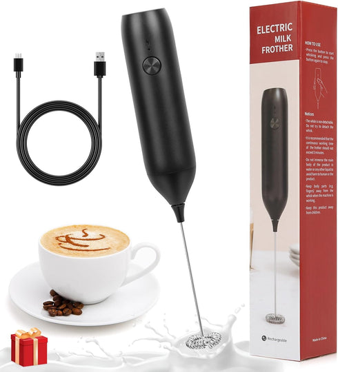 Milk Frother Handheld, Electric Foam Maker with Stainless Steel Whisk Rechargeable Frother Drink Mixer with USB-C Cable for Coffee, Lattes, Cappuc...