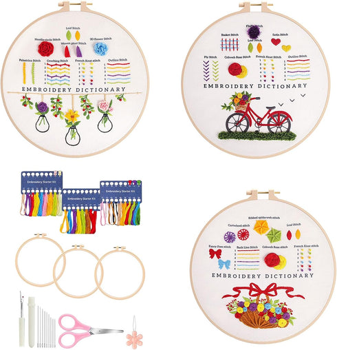 KAHEAUM Embroidery Kit for Beginners Adults Flowers Cross Stitch Kits for Kids Gift,3 Sets Design Embroidery Patterns Cloth Starter with Floss Thr...
