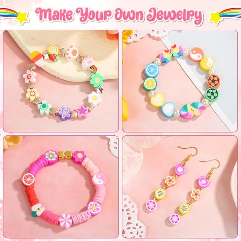 Thrilez 480 Pcs Fruit Flower Polymer Clay Beads, 24 Styles Clay Bead Charms for Bracelets Making, Jewelry Making, Necklace and Earring with Elasti...