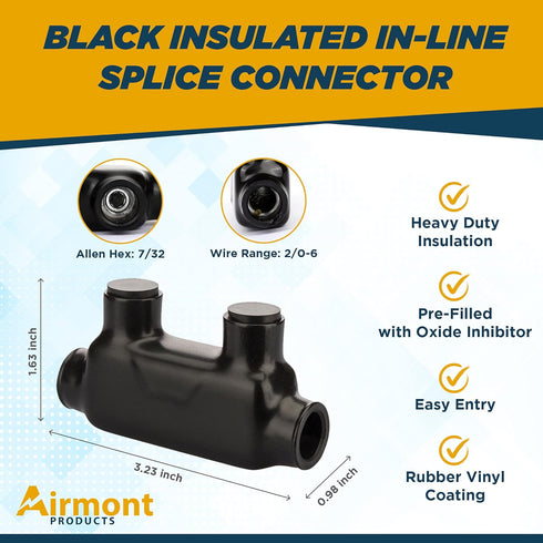 AP-10203, Black Insulated in-Line Splice Connector, 2/0-6 Wire Range, 3.23" L x 0.98" W x 1.63" H, Pre-Filled with Oxide Inhibitor, Easy Re-Entry,...
