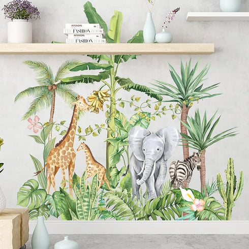 Runtoo Tropical Jungle Animal Wall Decals Giraffe Elephant Plants Wall Stickers Kids Room Bedroom Wall Decor...