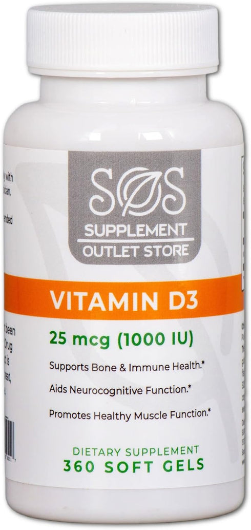 SOS Vitamin D3 1000iu (25 mcg) Cholecalciferol Softgels, 12 Month Supply, 360 ct....