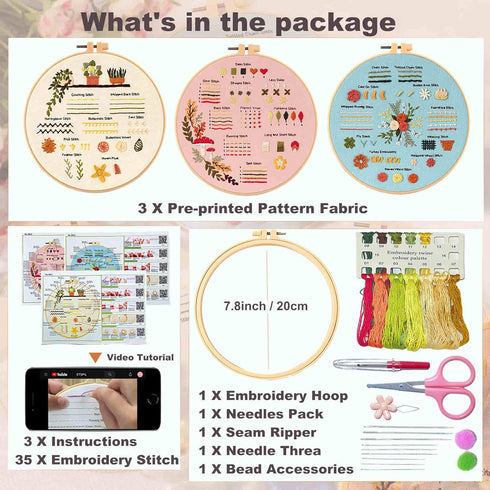 KLOSN 3 Sets Embroidery Kit for Beginners Adults with Stamped Flower Patterns, Needlepoint Kits for Adults, Cross Stitch Kits for Beginner kids in...