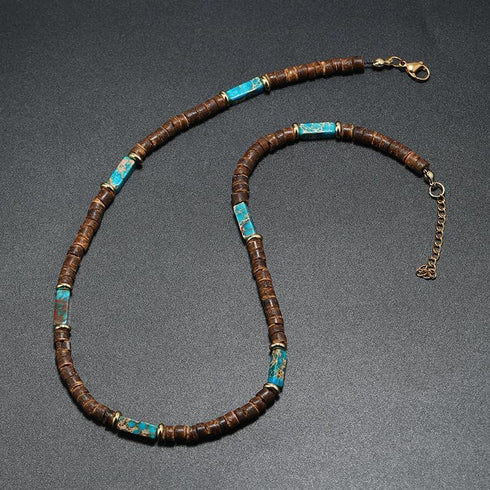 Wooden Beads Choker Necklace Bohemian Turquoise Handmade Coconut Beaded Surfer Necklace for Women Men...
