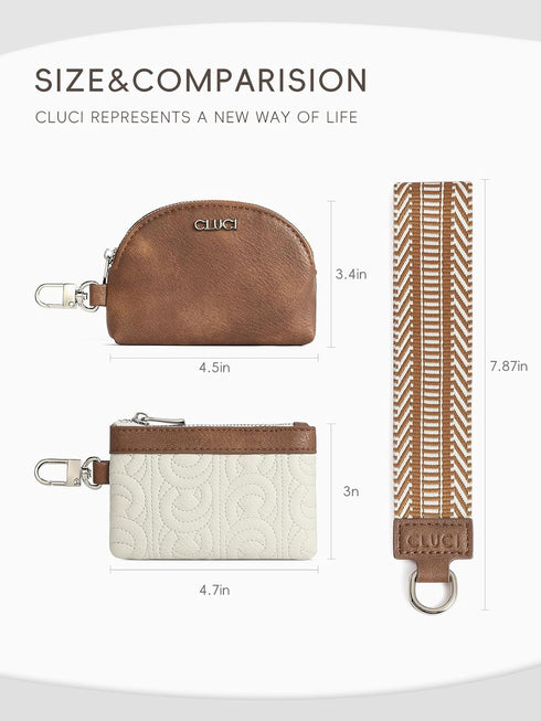 CLUCI Keychain Wallet for Women PU Leather Coin Purse Detachable Dual Pouch Wristlet Wallet Zipper Pocket Beige With Brown...