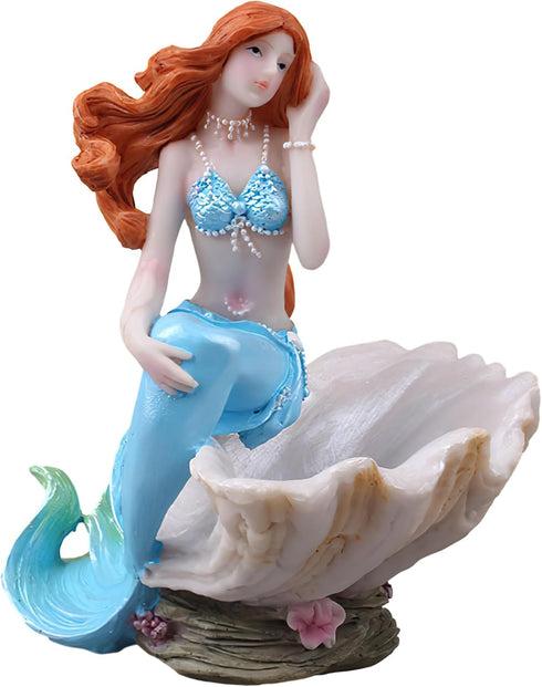 Mermaid Figurines Shell Aquarium Ornament Resin Mediterranean Style Mermaid Princess Craft Statue Jewelry Storage Organizer Gifts for Girls,Fish T...