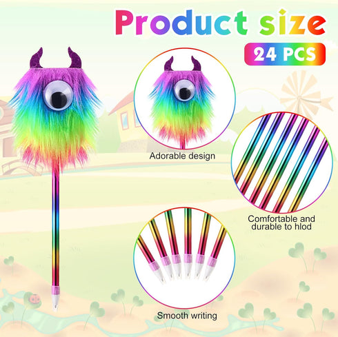 24 Pcs Valentine's Day Rainbow Fuzzy Pens Bulk Monster Fluffy Pen with Horn Valentines Day Classroom Gifts Funny Cute Pen Stationery for Students ...