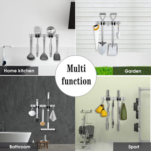 2 Racks and 3 Hooks Broom and Mop Holder Wall Mounted Garage Organizer Storage Tool Racks Stainless Steel Heavy Duty Hooks Self Adhesive Solid Non...