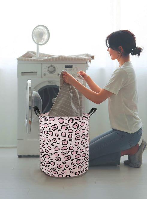 19.7 Inches Large Laundry Basket Waterproof Round Cotton Linen Collapsible Storage bin with Handles for Hamper Kids Room,Toy Storage(Leopard print...