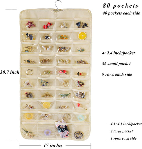 GAMERIEND Hanging Jewelry Organizer, Double Sided 80 Pocket Chain Storage Bag - Modern Beige...