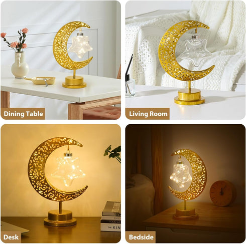 Decorative Table Lamp, Battery Powered Ramadan Desk Lamp Decorations Crescent Table Light Lunar Star Moon Lantern for Bedside Nightstand Desktop K...