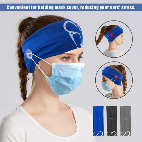 CODACE 3 Packs Nurse Headbands with Buttons, Face Cover Holder, Reduce Ear Pain, Elastic Hair Bands for Women Nursing Healthcare Worker(Blue, Blac...