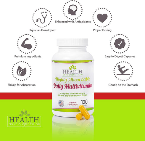 Health As It Ought To Be Highly|Absorbable Daily Multivitamin with Shilajit, MethylB12, Methylfolate, and Vitamin K2 MK7 Supplement | 120 Capsules...