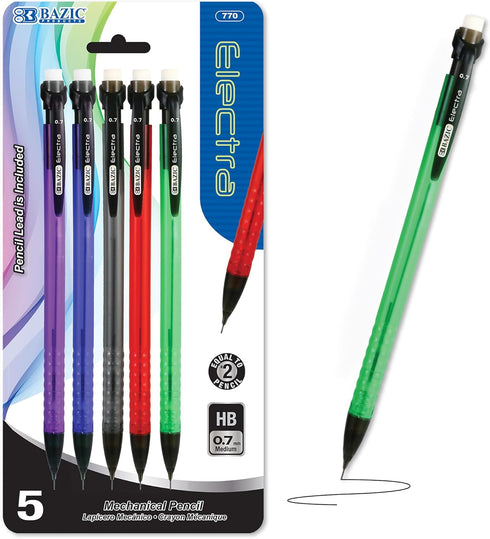 BAZIC Mechanical Pencil Electra 0.7mm, Smooth Writing Pencils Lead, Latex Free Eraser, for Drafting Drawing Sketching (5/Pack), 1-Pack...