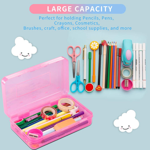 Sooez 3 Pack Large Capacity Hard Pencil Case, Plastic Crayon Pencil Boxes Bulk with Snap-tight Lid, Clear Storage Box Craft Pen Art Marker Organiz...