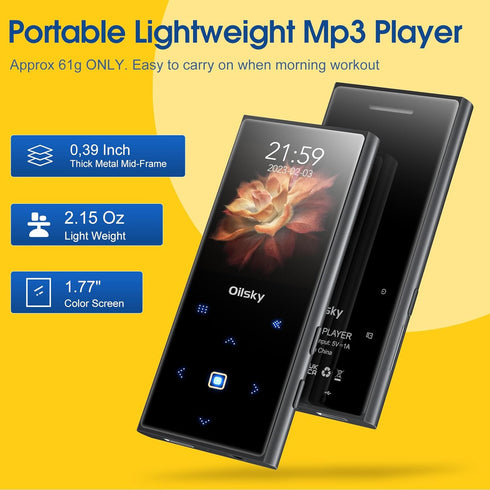 64GB Mp3 Player Bluetooth 5.0, Oilsky Portable Digital Lossless Music Player with FM Radio, Built-in Speaker, Touch Button, Voice Recorder, Lightw...