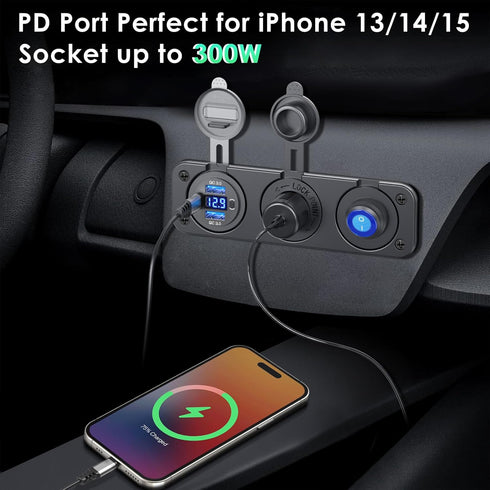 12V USB Outlet Panel 3 in 1, Dual Quick Charge 3.0 and PD3.0 USB C Car Charger Socket with LED Voltmeter, 300W Cigarette Lighter Socket and Toggle...