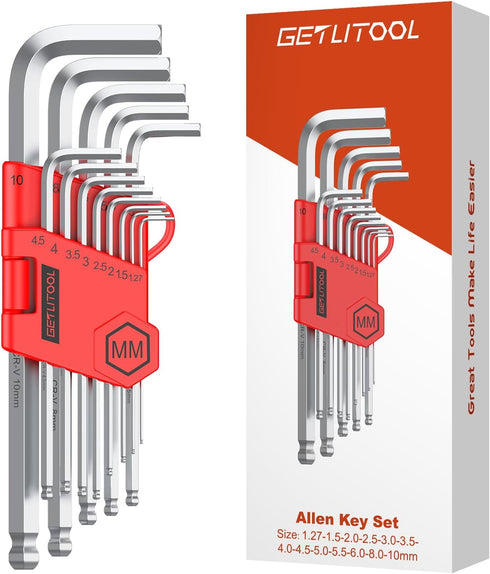 GETLITOOL 13PCS Allen Key Set Silver, Cr-V Ball End Allen Wrench Set 1.27-10mm, Metric Long Hex Key Set with Size-Marked & Storage Bracket for Bic...