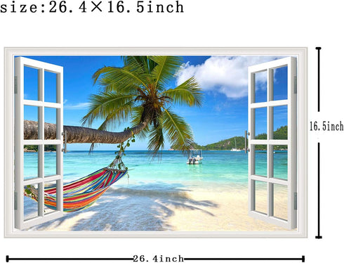 Beach Seascape Window Wall Sticker Palm Tree and Hammock Fake Window Wall Decals Removable Tropical Sea Window View Wall Stickers Decal for Living...
