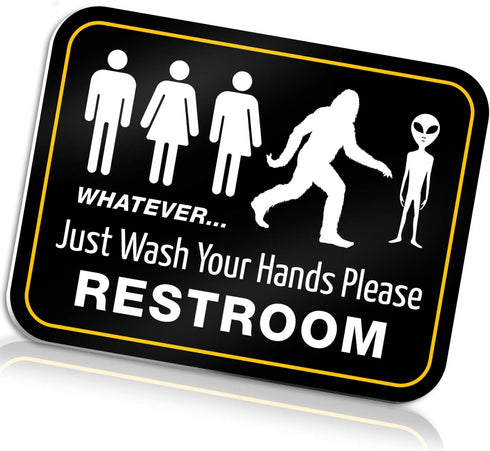 Bigtime Signs Funny Bathroom Sign | 11.5" x 8.75" Rigid PVC | All Gender Bigfoot & Alien Wash Your Hands Please - Bathroom Decor & Signs...