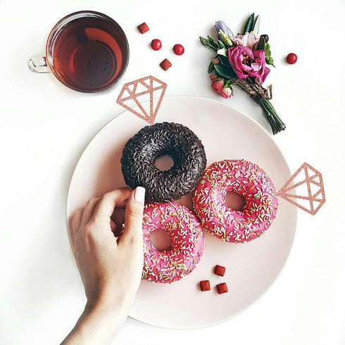 50 Pack Rose Gold Glitter Diamond Donut Ring Cupcake Topper Picks for Engagement Bridal Shower Party Cake Decorations...
