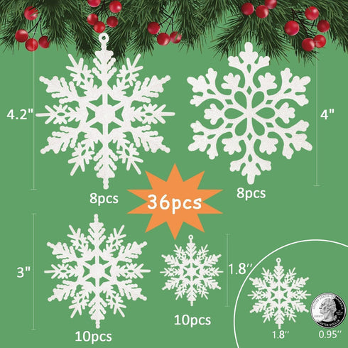 36pcs Snowflakes-Christmas Tree Decorations, Snowflake Ornaments for Tree, Plastic Glitter White Snow Flakes Ornaments, Christmas Indoor Winter Wo...