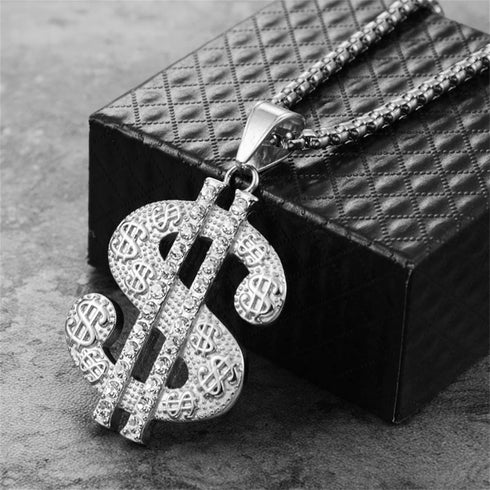 Crystal Dollar Sign Pendant Necklace for Men Women Trendy Dainty 18K Gold Plated Stainless Steel Hip Hop Chain Money Sign Charm Necklace Iced Out ...