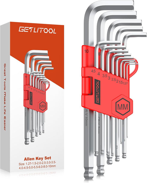 GETLITOOL 13PCS Allen Key Set Silver, Cr-V Ball End Allen Wrench Set 1.27-10mm, Metric Long Hex Key Set with Size-Marked & Storage Bracket for Bic...